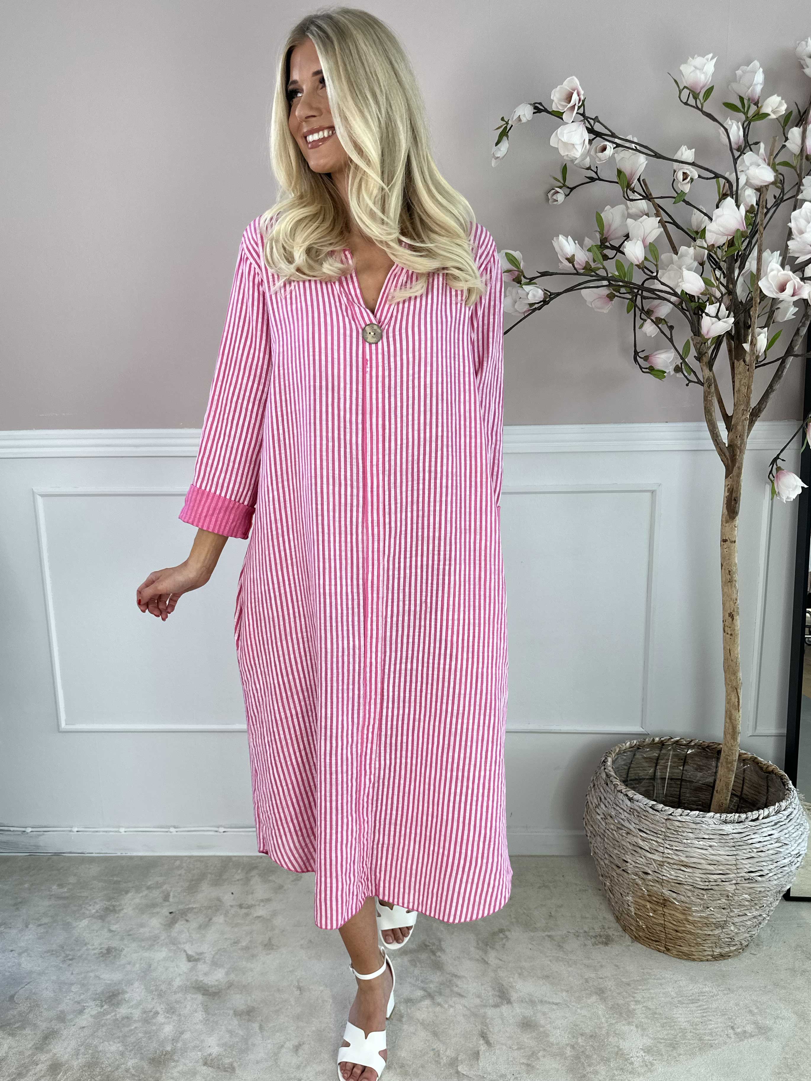 Arizona Stripe - Lang bomuldskjole i hørlignende stof